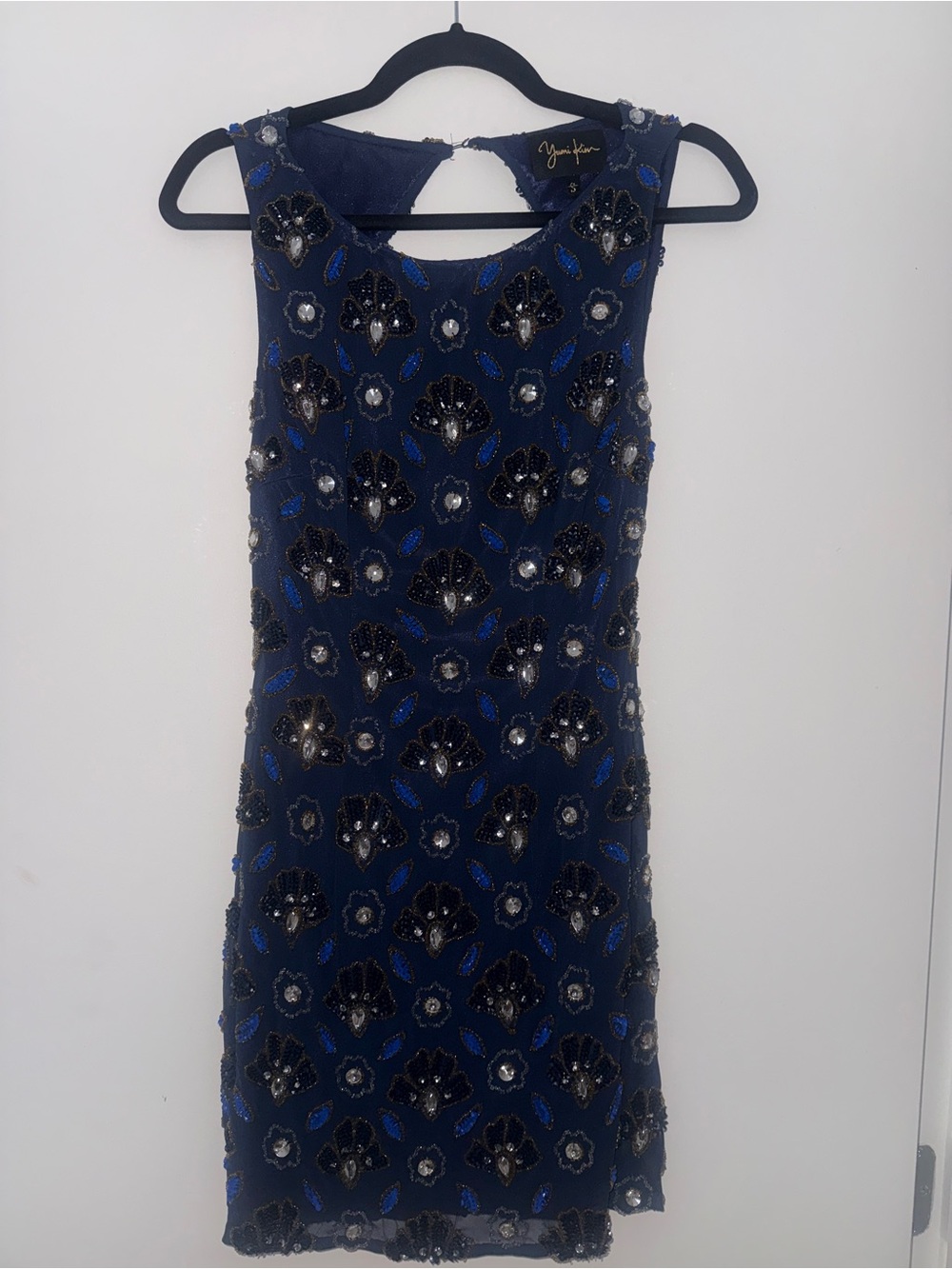 Beaded Navy Cocktail Dress by Yumi Kim rare vintage with open Back
